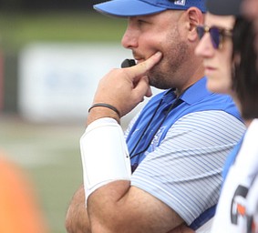Central Connecticut State University Blue Devils head coach Pete Rossomando watches a play in the first quarter as Youngstown State takes on Central Connecticut State, Saturday, Sept. 16, 2017, at Stambaugh Stadium in Youngstown. Youngstown State won 59-9...(Nikos Frazier | The Vindicator)..