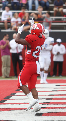 /y20 celebrates after a touchdown in the first quarter as Youngstown State takes on Central Connecticut State, Saturday, Sept. 16, 2017, at Stambaugh Stadium in Youngstown. Youngstown State won 59-9...(Nikos Frazier | The Vindicator)..