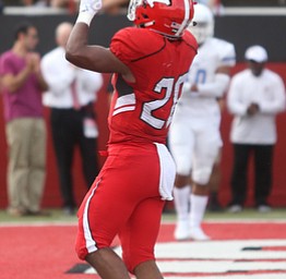 /y20 celebrates after a touchdown in the first quarter as Youngstown State takes on Central Connecticut State, Saturday, Sept. 16, 2017, at Stambaugh Stadium in Youngstown. Youngstown State won 59-9...(Nikos Frazier | The Vindicator)..