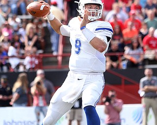 Central Connecticut State University Blue Devils quarterback Jacob Dolegala (9) throws in the first quarter as Youngstown State takes on Central Connecticut State, Saturday, Sept. 16, 2017, at Stambaugh Stadium in Youngstown. Youngstown State won 59-9...(Nikos Frazier | The Vindicator)..