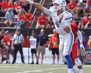 Central Connecticut State University Blue Devils quarterback Jacob Dolegala (9) throws in the second quarter as Youngstown State takes on Central Connecticut State, Saturday, Sept. 16, 2017, at Stambaugh Stadium in Youngstown. Youngstown State won 59-9...(Nikos Frazier | The Vindicator)..