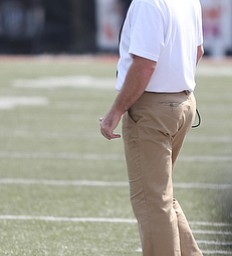 Youngstown State University head coach Bo Pelini watches a play in the second quarter as Youngstown State takes on Central Connecticut State, Saturday, Sept. 16, 2017, at Stambaugh Stadium in Youngstown. Youngstown State won 59-9...(Nikos Frazier | The Vindicator)..