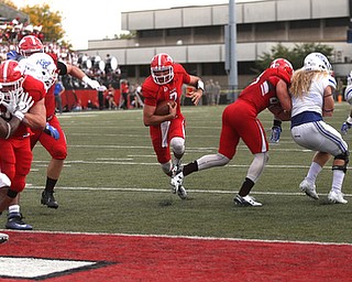 Youngstown State University quarterback Nathan Mays (7) takes an opening for a easy touchdown in the third quarter as Youngstown State takes on Central Connecticut State, Saturday, Sept. 16, 2017, at Stambaugh Stadium in Youngstown. Youngstown State won 59-9...(Nikos Frazier | The Vindicator)..