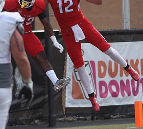 Youngstown State University wide receiver Ricky Davis (12) celebrates a touchdown in the fourth quarter as Youngstown State takes on Central Connecticut State, Saturday, Sept. 16, 2017, at Stambaugh Stadium in Youngstown. Youngstown State won 59-9...(Nikos Frazier | The Vindicator)..