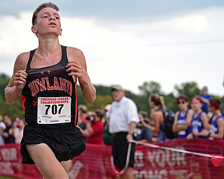 Howland's Vincent Mauri celebrates as he crosses the finish line to win the 2017 Suburban League Championship, Tuesday afternoon at the Canfield Fair Grounds. DAVID DERMER | THE VINDICATOR