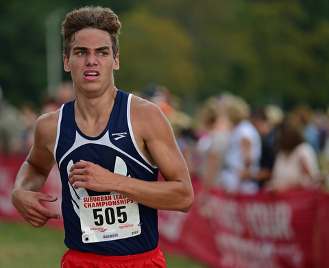 Austintown Fitch's Christian Davis sprints to the finish line during the 2017 Suburban League Championship, Tuesday afternoon at the Canfield Fair Grounds. He would finish 8th. DAVID DERMER | THE VINDICATOR