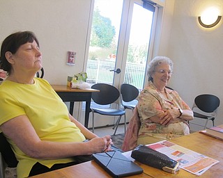 Neighbors | Zack Shively  .Members of the Tea and Mystery Book Club discussed literature and drank tea in the Austintown library on Sept. 12. Pictured, from left, are members Cecilia and Theresa.