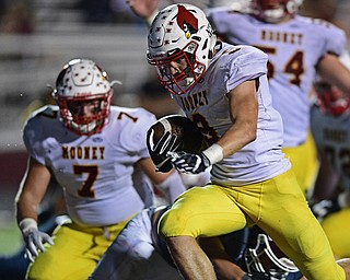 BOARDMAN, OHIO - SEPTEMBER 22, 2017: Mooney's Jason Santisi less into the end zone to score a touchdown during the second half of their game Friday night at Boardman High School. DAVID DERMER | THE VINDICATOR