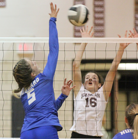William D. Lewis The Vindicator Hubbard's Silvia Genoni(5) shoots past Boardman's Reagan Burkey(16) during 9-26-17 action at Boardman.