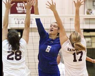 William D. Lewis The Vindicator Hubbard's Adria Powell(6) shoots past Boardman's Maria Torres(28) and Haannah Nawrocki(17) during 9-26-17 action at Boardman.