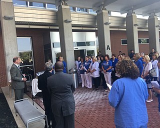 Neighbors | Submitted.Donald Kline, president and CEO of Mercy Health - Youngstown, addressed a crowd of St. Elizabeth Boardman Hospital employees and retirees during a ceremony on Aug. 9 to celebrate the hospital’s 10th anniversary.