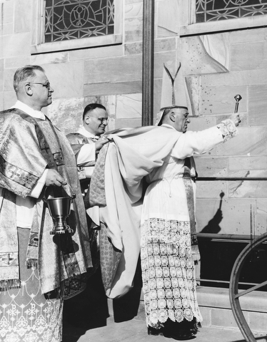Blessing of the new St. Elizabeth Church in Campbell took place Sept. 30, 1957. Bishop Emmet M. Walsh was assisted by  Rev Michael Dravecky, left and Rev Andrew R. Beros