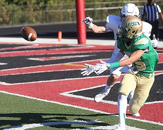 Ursuline wide receiver Colt Jamieson(15) misses the pass for a two-point conversion during the fourth quarter as Aquinas Institue (NY) takes on Ursuline High School, Saturday, Sept. 30, 2017, at Arrowhead Stadium in Girard. Aquinas won 38-26...(Nikos Frazier | The Vindicator)..