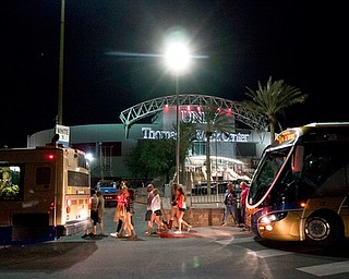 People load into buses destined to different Strip Casinos following a mass shooting at the Route 91 music festival along the Las Vegas Strip, Monday, Oct. 2, 2017. UNLV's Thomas & Mack Center was opened as a place of refuge. (Yasmina Chavez/Las Vegas Sun via AP)