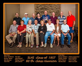Springfield Local High School Class of 1957 celebrated its 60th class reunion at The Golden Rye Restaurant in New Middletown. Seated, above, from left are “Shorty” Withers, Arlene Longnecker, “Ruthie” Kohler, Larry Simkins, “Barb” Mercer, Arless Dinger, Martha Alen, and Albert La Clair. Standing, from left are “Zeke” Zembower, Ron Best, “Buster” Wentz, Judy Randell, Don Downey, “Whitey” Kunder, Tom Fink and John Colwell.