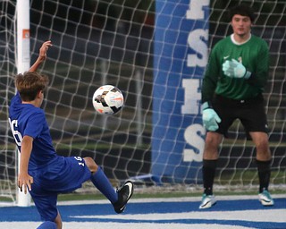 Lakeview's  Jake Busefink (16) puts a shot on Poland goalie Rhys Jones (1) during the first half as Lakeview High School takes on Poland High School, Tuesday, Oct. 3, 2017, at Dave Pavlansky Field in Poland...(Nikos Frazier | The Vindicator)..