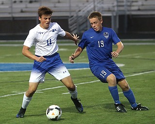 Poland's  Marcus Romeo (11) and Lakeview's  Vinnie Rienzi (19) fight for the ball during the first half as Lakeview High School takes on Poland High School, Tuesday, Oct. 3, 2017, at Dave Pavlansky Field in Poland...(Nikos Frazier | The Vindicator)..