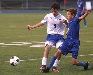 Poland's  JP Allsopp (9) dribbles around Lakeview's  Jake Busefink (16) during the first half as Lakeview High School takes on Poland High School, Tuesday, Oct. 3, 2017, at Dave Pavlansky Field in Poland...(Nikos Frazier | The Vindicator)..