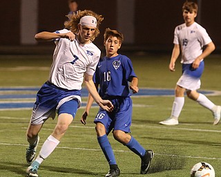 Poland's  Reed McCreery (7) steals the ball from Lakeview's  Jake Busefink (16) during the first half as Lakeview High School takes on Poland High School, Tuesday, Oct. 3, 2017, at Dave Pavlansky Field in Poland...(Nikos Frazier | The Vindicator)..