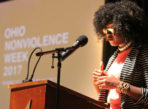William D. Lewis The Vindicator  2017 Simeon Booker Scholarship recipient Sarina Chatman, a YSU student, speaks during 10-3 event at DeYor Performing Arts Center in Youngstown.