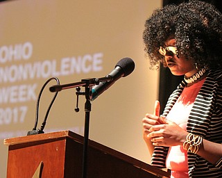 William D. Lewis The Vindicator  2017 Simeon Booker Scholarship recipient Sarina Chatman, a YSU student, speaks during 10-3 event at DeYor Performing Arts Center in Youngstown.
