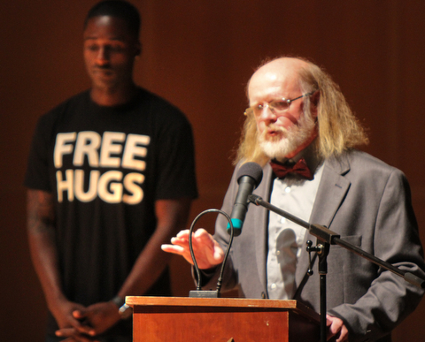 William D. Lewis The Vindicator  2017 Simeon Booker Award for Courage recipients Terry Vicars,at podium, and Ken Nwadike Jr. during 10-3 event at DeYor Performing Arts Center in Youngstown.