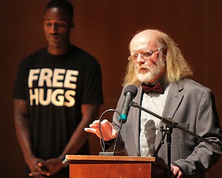 William D. Lewis The Vindicator  2017 Simeon Booker Award for Courage recipients Terry Vicars,at podium, and Ken Nwadike Jr. during 10-3 event at DeYor Performing Arts Center in Youngstown.