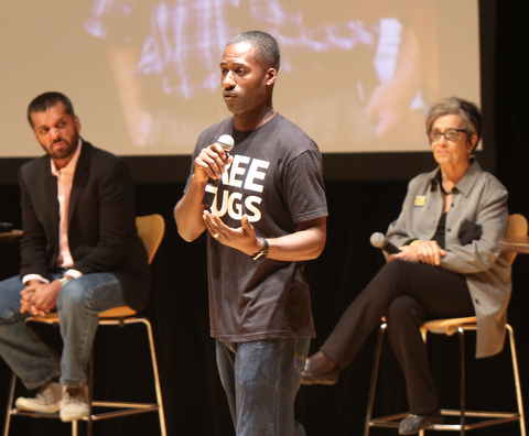 William D. Lewis The Vindicator  2017 Simeon Booker Award for Courage recipient  Ken Nwadike Jr. , center, speaks during 10-3 event at DeYor Performing Arts Center in Youngstown. At left is panelist Wajahat Ali- journalist and at right is Anita Grey- Anti Defamation League.