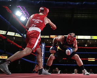 Paul Palombo(black) takes on Daniele Pucciarelli(red), Thursday, Oct. 5, 2017, at the Covelli Centre in Youngstown. Palombo won after three rounds by points...(Nikos Frazier | The Vindicator)..