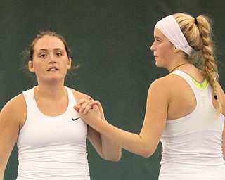 William D Lewis The VindicatorMooney's Isabella Francisco, left, and Hannah Matthews compete in doubles during girls sectionals at Boardman Tennis Center 10-5-17.