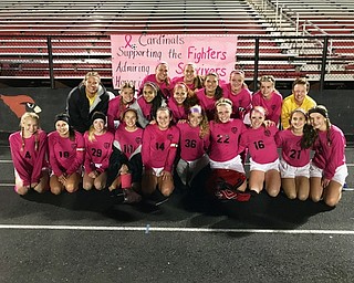 The Canfield High School girls varsity soccer team wore pink jerseys to raise breast cancer awareness during the Pink Out organized by National Honor Society senior members and varsity soccer players Macey Malinky and Sam Accordino on Sept. 30.