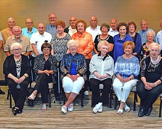Woodrow Wilson High School Class of 1952 recently held its 65th reunion at the Holiday Inn in Boardman with a dinner Sept. 2 and a brunch Sept. 3. Above, first row from left, are Margie Adams Jerek, Joanne Pochiro Basta, Dolores Bucik Ponzi, Phyllis Lingenfelter Porcafe, Norma Maddamma Lucansky and Beverly McRill Pack. Second row, from left, are Ted Seman, Don Haddle, Dolores Simeone Testa, Rosemarie Bindel Mehle, Irma Jean Myers Gabrick, Sally Blackford Dennison Willard and Elaine Oliver Billett. Third row, from left, are George Kmetz, Richard Franko, James Jones, Paul Bezjak, John Andres, William Zitkovich, Joseph Gabrick, Genevieve Pavlik Popa, Joe Schiffer and Harold Billett.