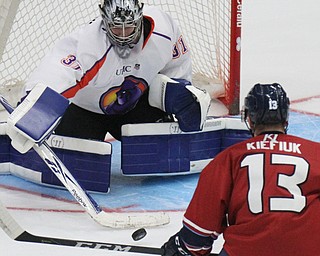 William D Lewis the Vindicator  Phantoms Ivan Prosvetov(31) blocks a shot from Chicago's Calen Kiefiuk(13) during first period action 10-7-17 at Covelli.