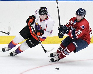 William D Lewis the Vindicator  Phantoms Tommy Parrotino(9) and Chicago's Charlie Raith(26) go for  the puckduring first period action 10-7-17 at Covelli.