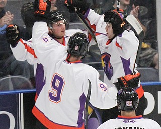 William D Lewis the Vindicator Phantoms Gianfranco Cassaro(44), left, gets cnograts from team mates after scoring during first period action 10-7-17 at Covelli.