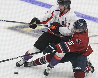 William D. Lewis The Vindicator  Phantoms Eric Esposito(7) and Chicago's SeMatthew Barry(26) battle for the puck during 10-8-17 action at Covelli.