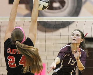 William D. Lewis The Vindicator Canfield's Marissa Yourstowsky(24) blocks a shot from Boardman's Kaylin Burkey(15) during 10-9-17 action at Boardman.