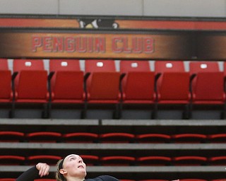 Wright State University outside hitter Katie Klusman (12) goes up for the kill during the first set as Wright State University takes on Youngstown State University, Wednesday, Oct. 11, 2017, at the Beeghly Center at Youngstown State University in Youngstown. The Raiders won the set 3-1, loosing set 1 30-32 and winning set 2 25-16, set 3 25-17 and set 4 25-22...(Nikos Frazier | The Vindicator)..