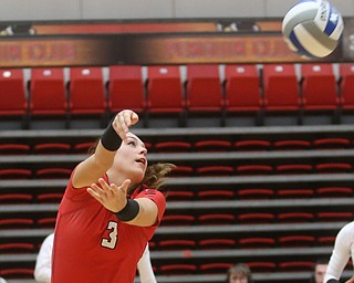 Youngstown State University Libero Lauren Blanco (3) makes contact with the ball during the second set as Wright State University takes on Youngstown State University, Wednesday, Oct. 11, 2017, at the Beeghly Center at Youngstown State University in Youngstown. The Raiders won the set 3-1, loosing set 1 30-32 and winning set 2 25-16, set 3 25-17 and set 4 25-22...(Nikos Frazier | The Vindicator)..