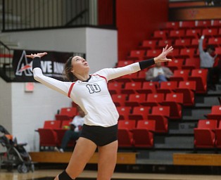 Youngstown State University Outside Hitter Erin Kalahar (10) serves the ball during the third set as Wright State University takes on Youngstown State University, Wednesday, Oct. 11, 2017, at the Beeghly Center at Youngstown State University in Youngstown. The Raiders won the set 3-1, loosing set 1 30-32 and winning set 2 25-16, set 3 25-17 and set 4 25-22...(Nikos Frazier | The Vindicator)..