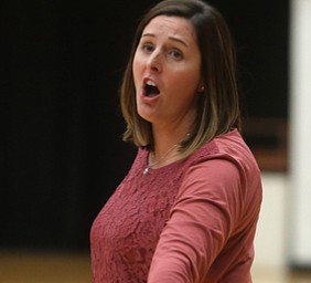 Wright State head coach Susan Clements argues with an official during the third set as Wright State University takes on Youngstown State University, Wednesday, Oct. 11, 2017, at the Beeghly Center at Youngstown State University in Youngstown. The Raiders won the set 3-1, loosing set 1 30-32 and winning set 2 25-16, set 3 25-17 and set 4 25-22...(Nikos Frazier | The Vindicator)..