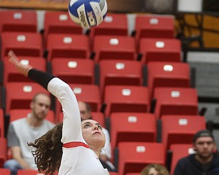 Youngstown State University Outside Hitter Marketa Plesingrova (6) spikes the ball during the third set as Wright State University takes on Youngstown State University, Wednesday, Oct. 11, 2017, at the Beeghly Center at Youngstown State University in Youngstown. The Raiders won the set 3-1, loosing set 1 30-32 and winning set 2 25-16, set 3 25-17 and set 4 25-22...(Nikos Frazier | The Vindicator)..