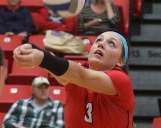 Youngstown State University Libero Lauren Blanco (3) connects with the ball during the third set as Wright State University takes on Youngstown State University, Wednesday, Oct. 11, 2017, at the Beeghly Center at Youngstown State University in Youngstown. The Raiders won the set 3-1, loosing set 1 30-32 and winning set 2 25-16, set 3 25-17 and set 4 25-22...(Nikos Frazier | The Vindicator)..