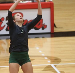 Wright State University setter Maddie Lohmeier (1) sets the ball during the fourth set as Wright State University takes on Youngstown State University, Wednesday, Oct. 11, 2017, at the Beeghly Center at Youngstown State University in Youngstown. The Raiders won the set 3-1, loosing set 1 30-32 and winning set 2 25-16, set 3 25-17 and set 4 25-22...(Nikos Frazier | The Vindicator)..