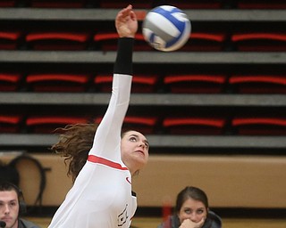 Youngstown State University Outside Hitter Marketa Plesingrova (6) hits the ball for the kill during the fourth set as Wright State University takes on Youngstown State University, Wednesday, Oct. 11, 2017, at the Beeghly Center at Youngstown State University in Youngstown. The Raiders won the set 3-1, loosing set 1 30-32 and winning set 2 25-16, set 3 25-17 and set 4 25-22...(Nikos Frazier | The Vindicator)..