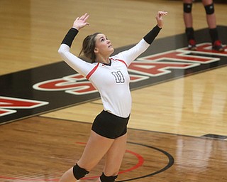 Youngstown State University Setter Heather Splinter (11) serves during the fourth set as Wright State University takes on Youngstown State University, Wednesday, Oct. 11, 2017, at the Beeghly Center at Youngstown State University in Youngstown. The Raiders won the set 3-1, loosing set 1 30-32 and winning set 2 25-16, set 3 25-17 and set 4 25-22...(Nikos Frazier | The Vindicator)..