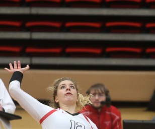 Youngstown State University Outside Hitter Margaux Thompson (12) spikes the ball during the fourth set as Wright State University takes on Youngstown State University, Wednesday, Oct. 11, 2017, at the Beeghly Center at Youngstown State University in Youngstown. The Raiders won the set 3-1, loosing set 1 30-32 and winning set 2 25-16, set 3 25-17 and set 4 25-22...(Nikos Frazier | The Vindicator)..
