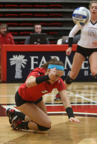 Youngstown State University Libero Lauren Blanco (3) successfully dives the ball during the fourth set as Wright State University takes on Youngstown State University, Wednesday, Oct. 11, 2017, at the Beeghly Center at Youngstown State University in Youngstown. The Raiders won the set 3-1, loosing set 1 30-32 and winning set 2 25-16, set 3 25-17 and set 4 25-22...(Nikos Frazier | The Vindicator)..