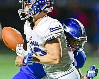 POLAND, OHIO - OCTOBER 13, 2017: Lakeview's Evan Adair is separated from he football on a hit by Poland's Mike Diaz during the first half of their game Friday night at Poland High School. DAVID DERMER | THE VINDICATOR