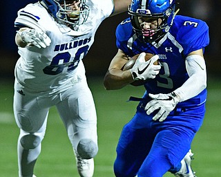 POLAND, OHIO - OCTOBER 13, 2017: Poland's Jonah Spencer is tackled by Lakeview's Drew Munno during the first half of their game Friday night at Poland High School. DAVID DERMER | THE VINDICATOR